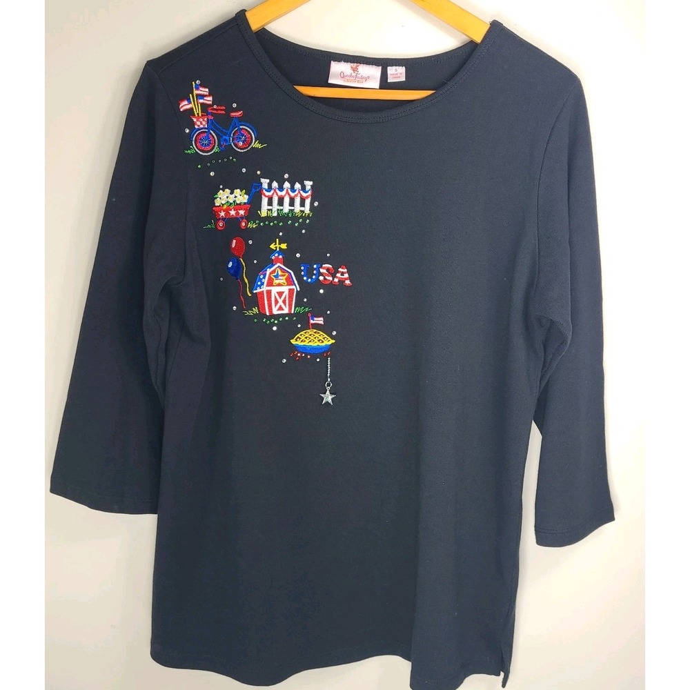 Quacker Factory Women's Patriotic USA Embroidered 3/4 Sleeve Top Size Small